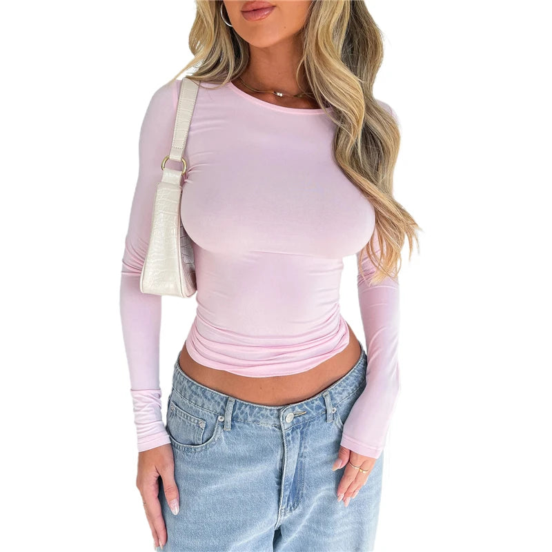 Cropped Tees Y2K Clothes for Women Solid Color O Neck Long Sleeve T Shirt 2000S Crop Tops Casual Streetwear